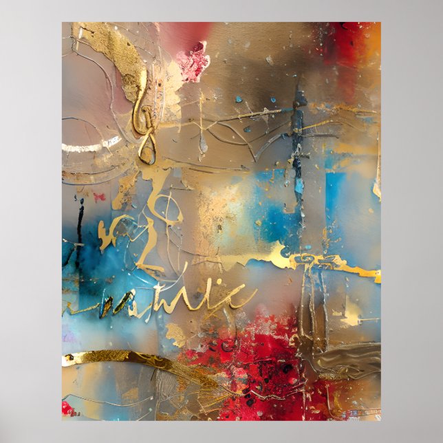 Abstrato Watercolor Gold Poster vermelho (Frente)