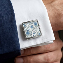 Alegres abotoaduras com arte floral azul e verde m