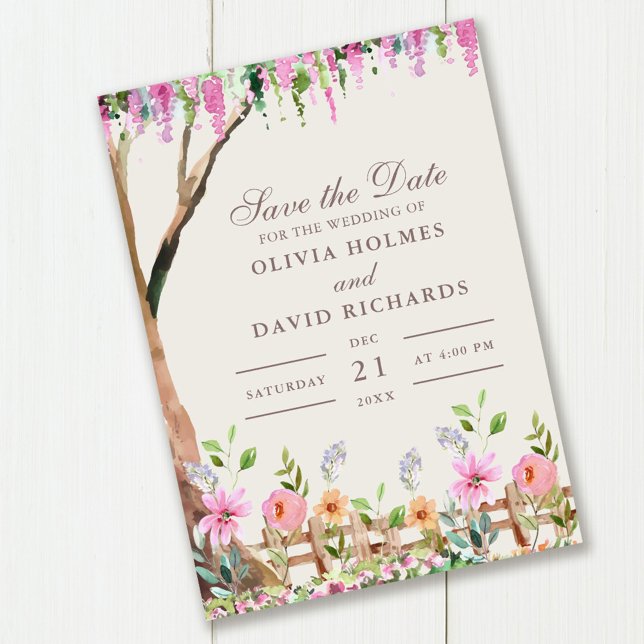 Acácia Rústica com Flores Selvagens Cartão de Salv (Rustic Acacia with Wildflowers Save the Date Card on wooden table.)