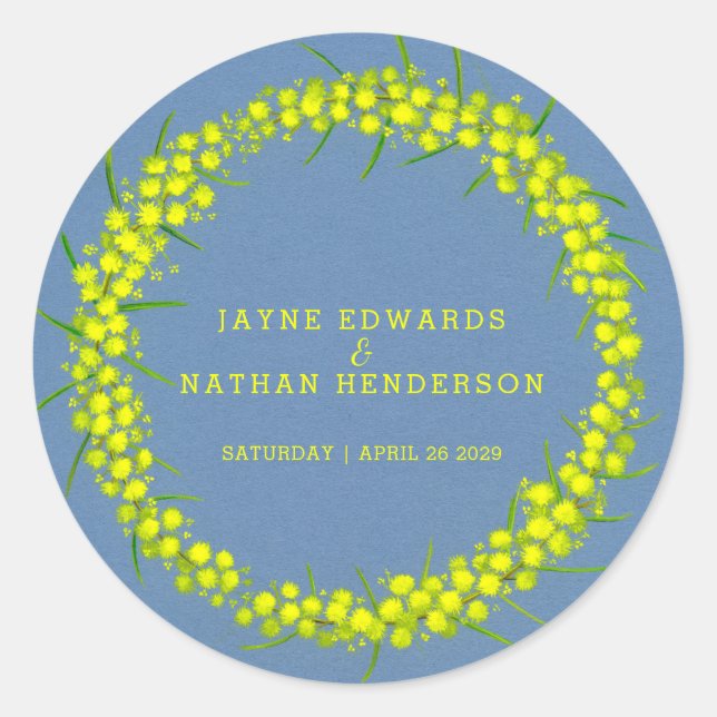 Acacia yellow wattle wreath adesivos de casamento (Frente)