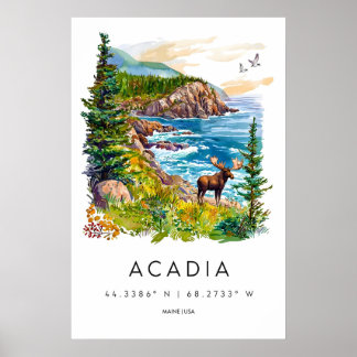Acadia Watercolor Poster Vintage Park Travel Ski