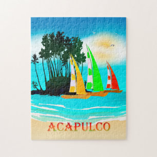 Acapulco Sailboat Beach Poster Quebra-cabeça