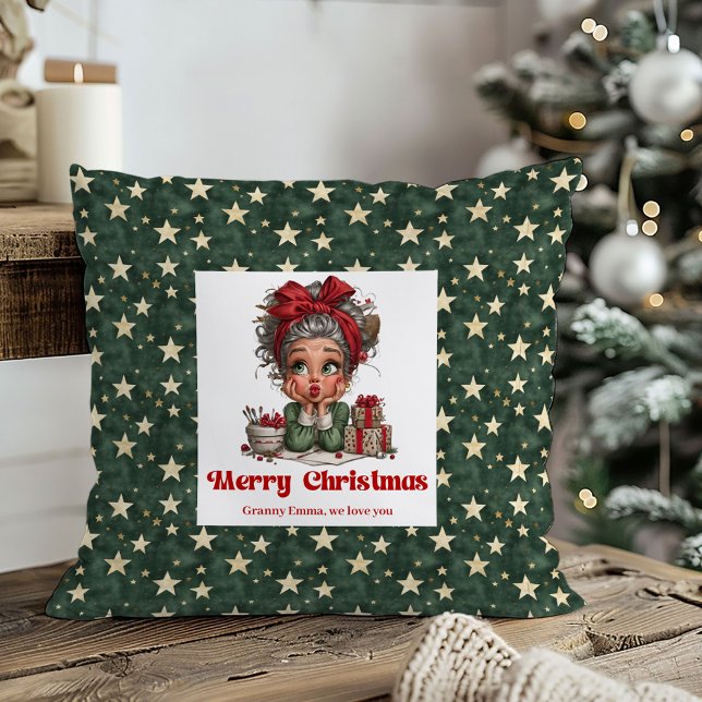 Aconchegante Avó de Natal Almofada Estilo Cartoon  (Whimsical Christmas Grandma Art Festive Pillow)