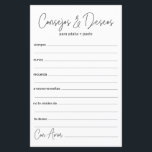 Aconselhamento sobre Casamento e Desejos Espanhóis<br><div class="desc">Estas simples, pretas e brancas, modernas, mínimas, escritas à mão, folhas de Conselhos e Desejos Espanhóis/Consejos y Deseos são perfeitas para ter chá de panela, janto de ensaio ou convidados de casamento preenchidos para o casal feliz. As pessoas vão adorar ter as ordens - tornam tão fácil deixar palavras amáveis...</div>