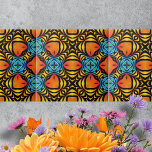 Acordos Simétricos de Azul Amarelo Laranja<br><div class="desc">Esta cerâmica apresenta um belo padrão que desenhar o olho numa dança de cor e forma. O intricado design é caracterizado por arranjos simétricos de matizes vibrantes, criando um efeito de ilusão ótica. As formas laranja arborizadas, parecidas com olhos ou folhas, são centrais no padrão, irradiando um senso de calor...</div>