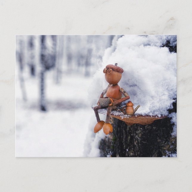 Acorn elf com café - cartão postal de inverno (Frente)