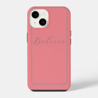 'Acredite' cinza em script com fundo rosa