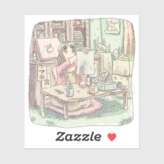 ADESIVO さなししじ　部屋で茶色い机の前に座って書き上げた紙を持っている女性のイラスト