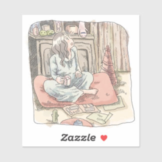 ADESIVO さなにさじ 赤い大きなクッションに胡坐をかいて座って、横を向いて見上げている女性のイラスト