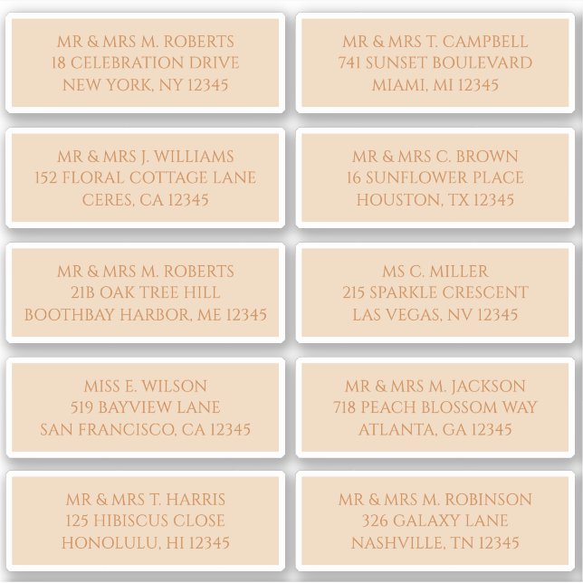 Adesivo 10 Nome de Convidado Individual Endereço Champagne (Frente)