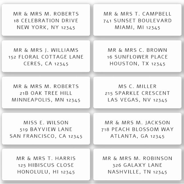 Adesivo 10 Nome de Convidado Individual Endereço Parte Cas (Frente)
