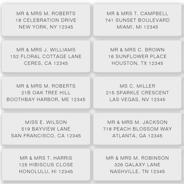 Adesivo 10 Nome de Convidado Individual Endereço Parte Cas (Frente)