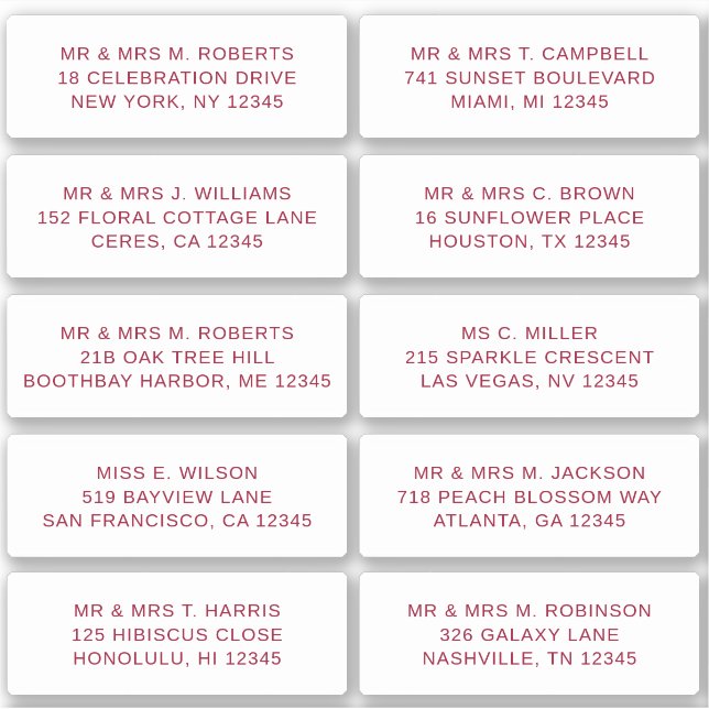 Adesivo 10 Nome de Convidado Individual Endereço Parte Cas (Frente)