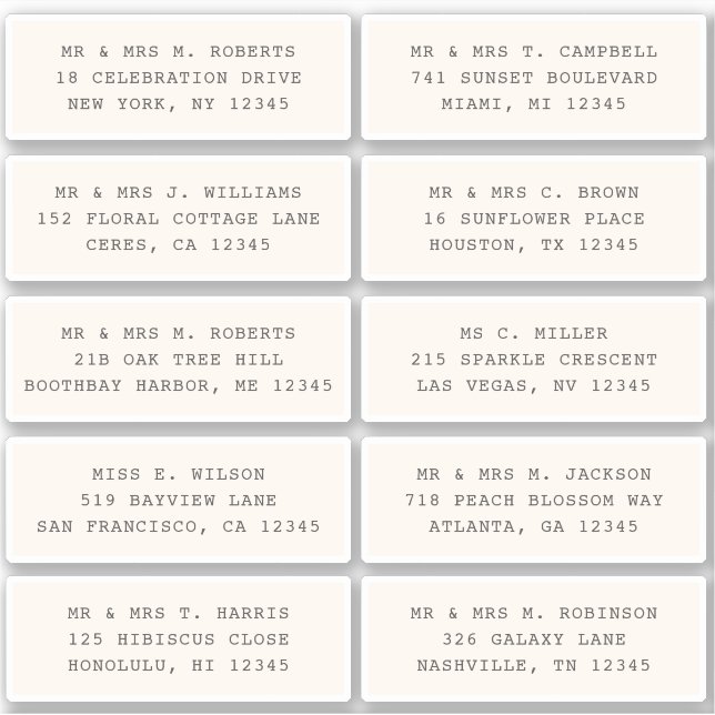 Adesivo 10 Nome de Convidado Individual Endereço Parte Cas (Frente)