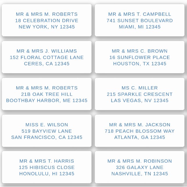 Adesivo 10 Nome de Convidado Individual Endereço Parte Cas (Frente)