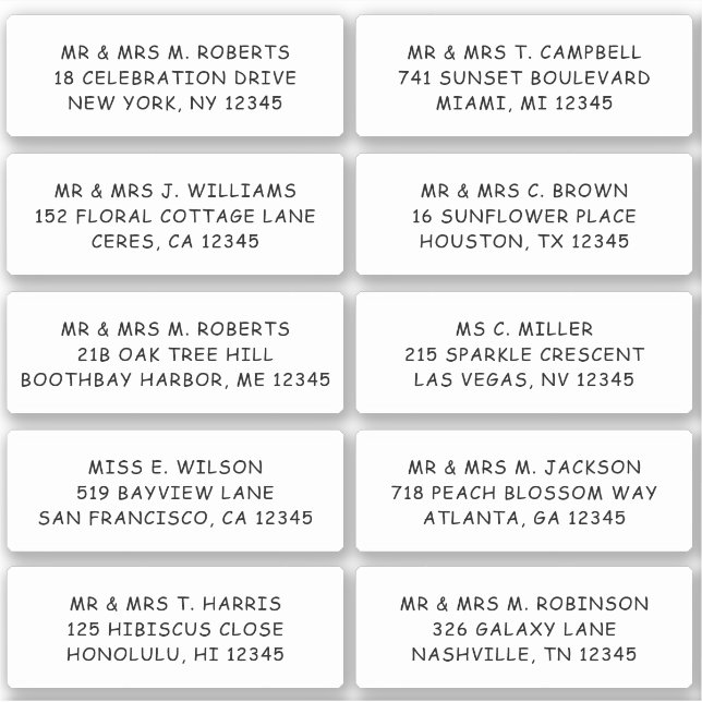 Adesivo 10 Nome de Convidado Individual Endereço Parte Cas (Frente)