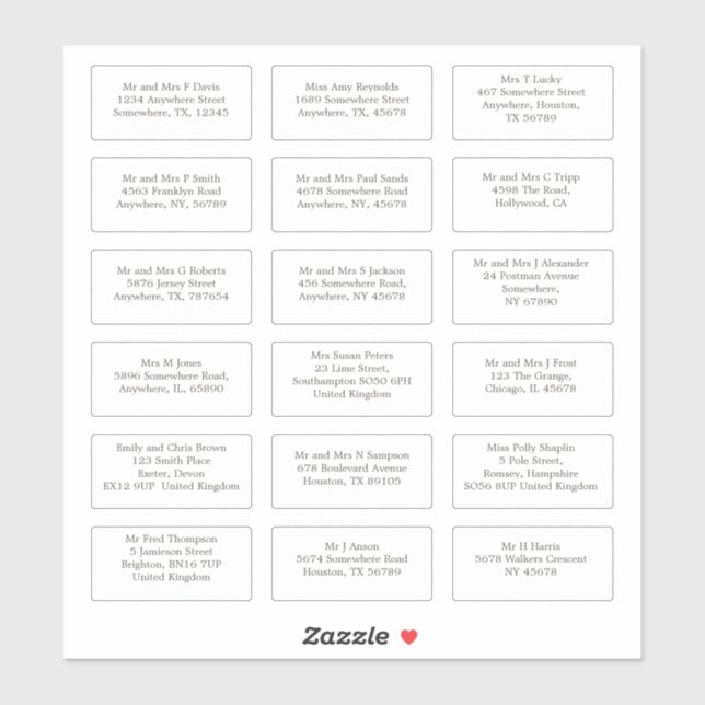 Adesivo 18 Endereços de Nome de Convidado de Casamento Ind (Folha)