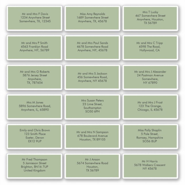 Adesivo 18 Nomes de Convidados Individuais Endereços Verde (Frente)
