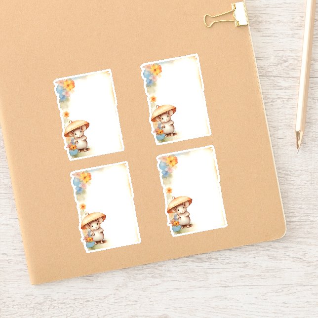 Adesivo 1 Rato com guarda-chuva azul flores laranja rosa (Notebook)