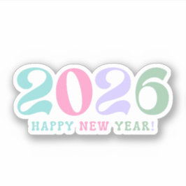 Adesivo 2026 feliz ano novo, retro script pastel colorido