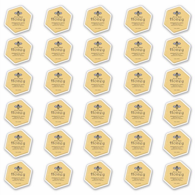 Adesivo 30 Mel amarelo impermeável, em forma de hexágono,  (Frente)