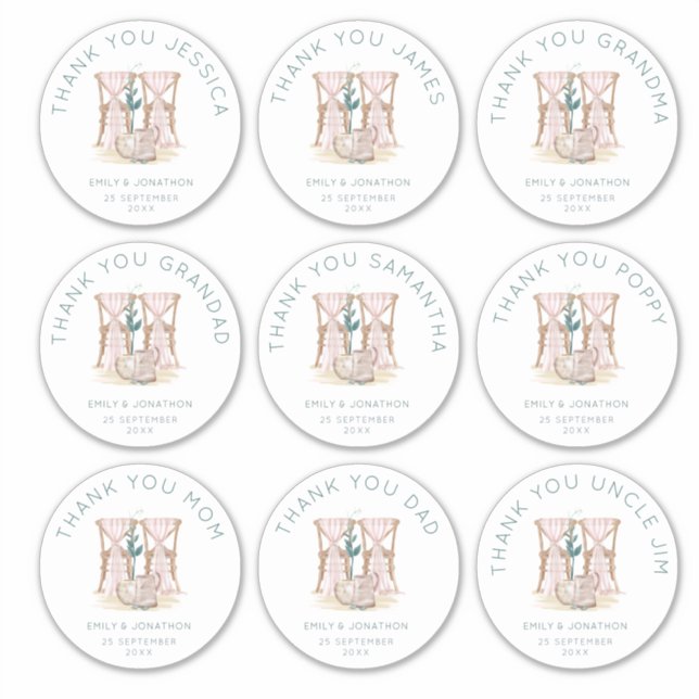 Adesivo 9 Grandes Nomes Individuais Obrigado Casamento (Frente)