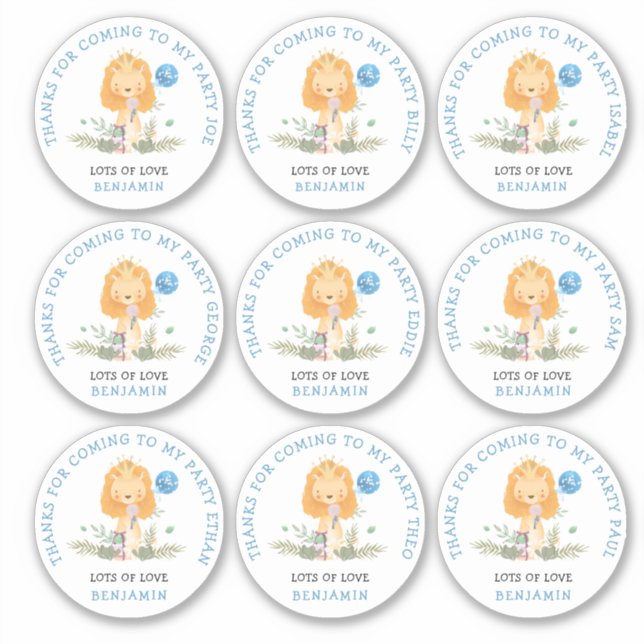 Adesivo 9 Nomes de Convidado Individuais Azul Obrigado Leã (Frente)