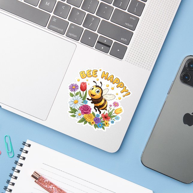 Adesivo Abelha Feliz (Notebook com iPhone)