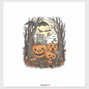 Adesivo Abóboras de Halloween Gato Cinza Morcego Lua Cheia