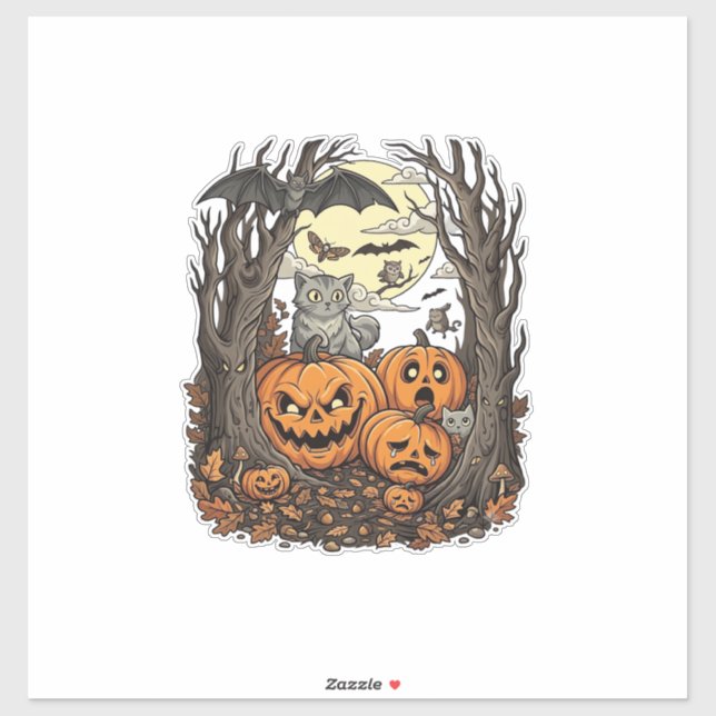 Adesivo Abóboras de Halloween Gato Cinza Morcego Lua Cheia (Folha)
