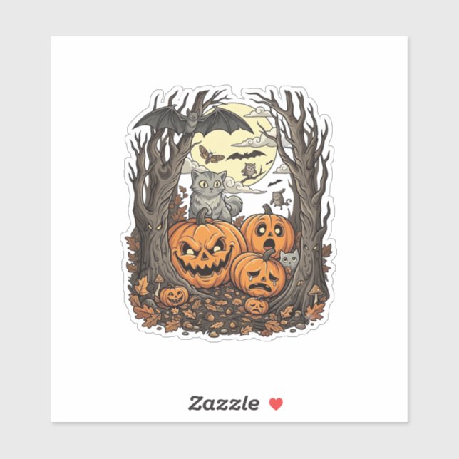 Adesivo Abóboras de Halloween Gato Cinza Morcego Lua Cheia (Folha)