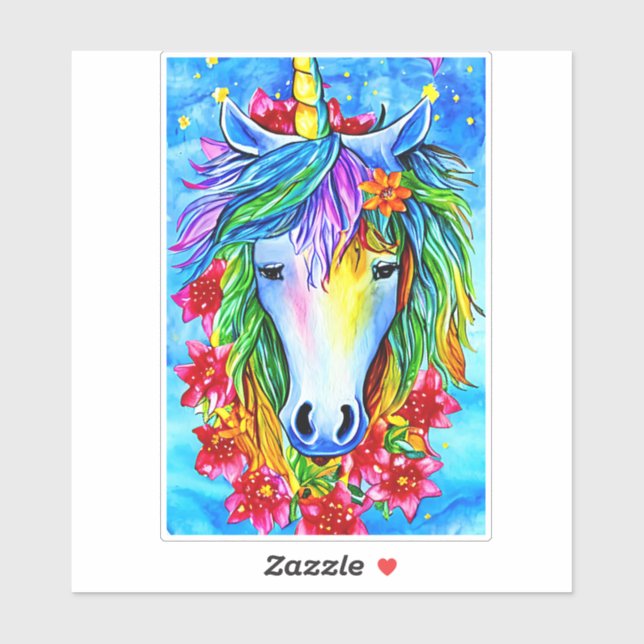 Adesivo Abstrato unicórnio Flores de rosto aquarela Arte (Folha)