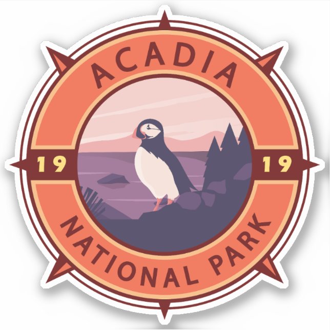 Adesivo Acadia National Park Puffin Retro Compass Emblem (Frente)