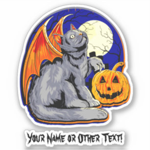Adesivo Adicione Nome Cat Wings Pumpkin Moon Halloween