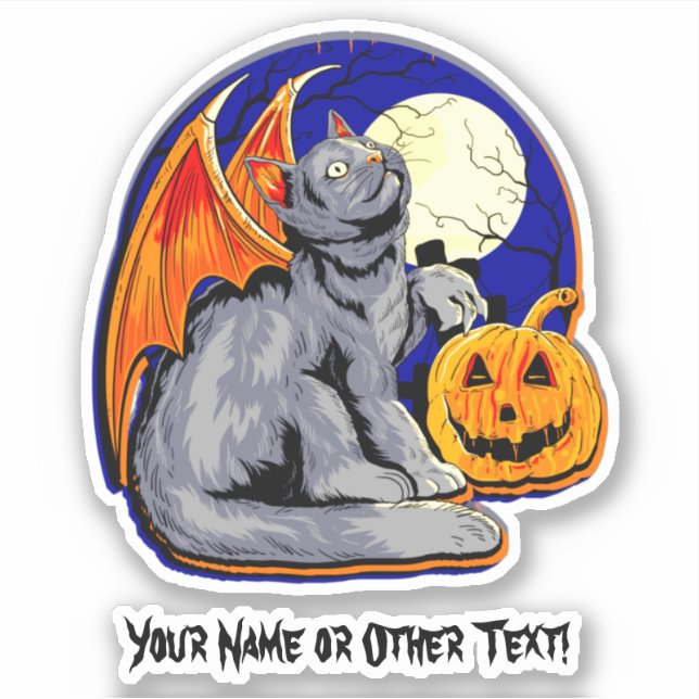 Adesivo Adicione Nome Cat Wings Pumpkin Moon Halloween (Frente)