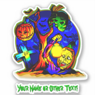 Adesivo Adicione Nome, Zombie Monster Pumpkin Witch Cross