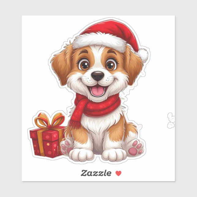 Adesivo Adorável cachorrinho de Natal com Papai Noel (Folha)