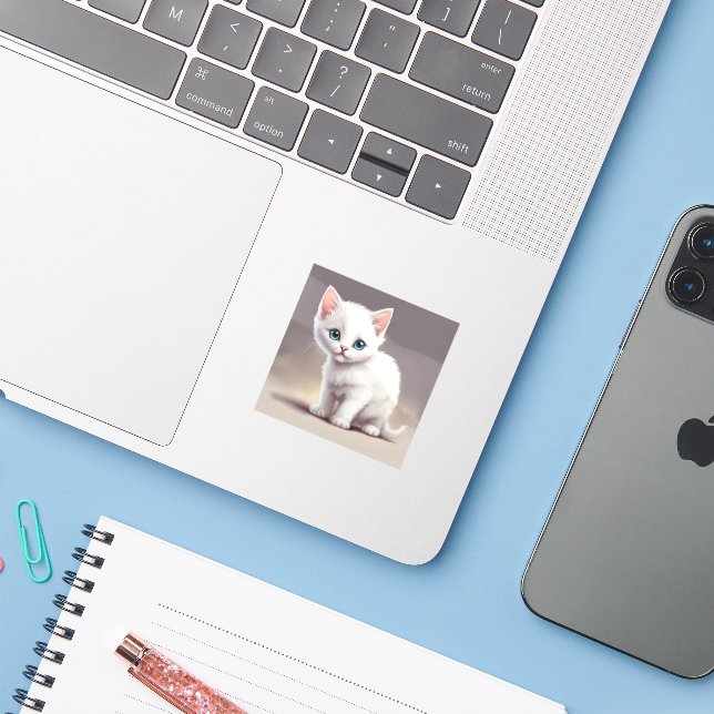 Adesivo Adorável gatinho branco (Notebook com iPhone)
