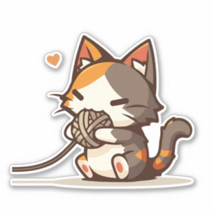 Adesivo Adorável Kawaii Chibi Calico Cat Brincando com Yar