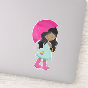 Adesivo African American Girl, Rain, Raincoat, Umbrella