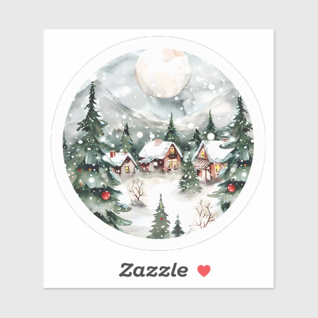 Adesivo Aldeia de inverno encantadora com neve e luzes (Folha)