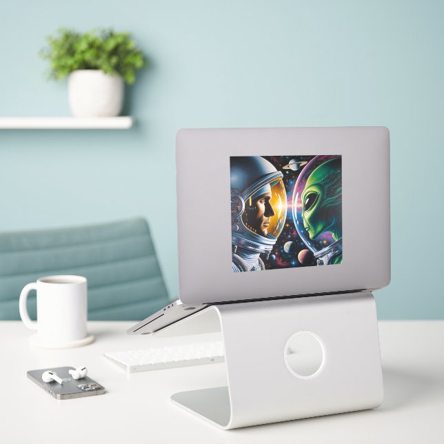 Adesivo Alienígena e astronauta no espaço (Laptop na mesa)