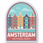 Adesivo Amsterdam Netherlands Viagem Art Vintage<br><div class="desc">Design de viagem de vetor retrô de Amsterdã em um estilo emblem. É conhecida pelo seu patrimônio artístico,  sistema de canal elaborado e casas estreitas com fachadas lenhosas,  legados da Era do Ouro do século XVII da cidade.</div>
