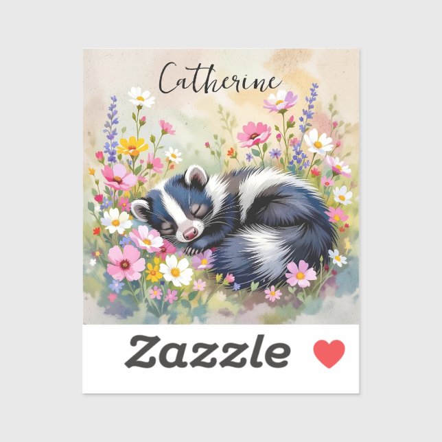 Adesivo An Adorable Skunk Napping in Flowers Personalized (Folha)