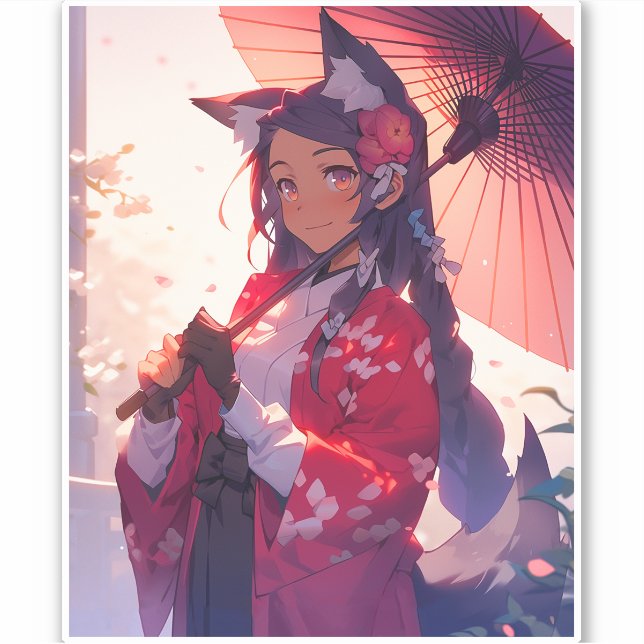 Adesivo Anime Kitsune Girl Cute Fox Fantasy Art (Frente)