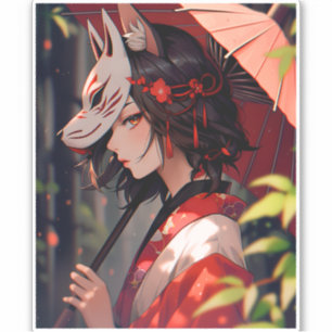 Adesivo Anime Kitsune Girl Cute Fox Fantasy Art