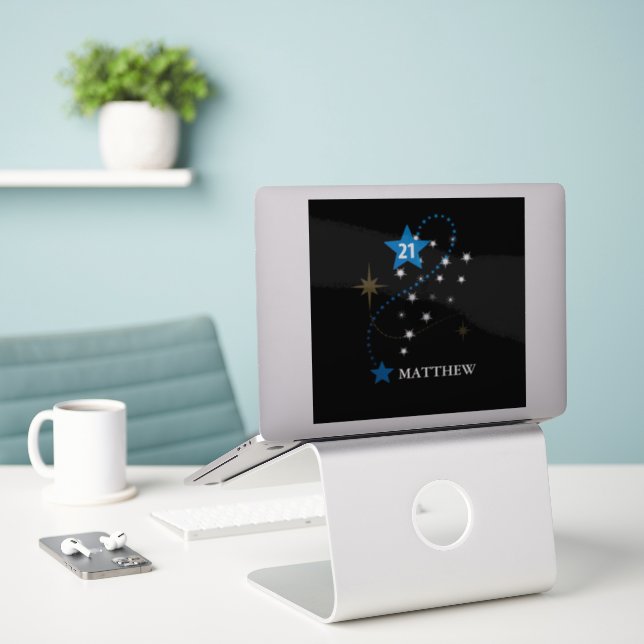 Adesivo aniversário de 21 anos Azul e Preto Personalizado (Laptop na mesa)