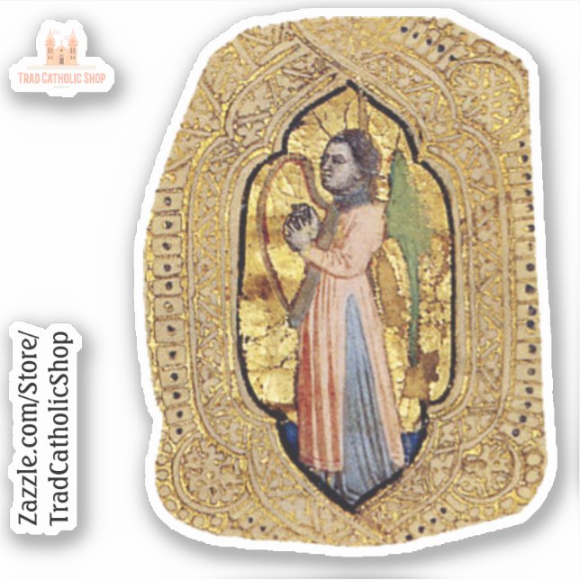 Adesivo Anjo Medieval com Arte Renascentista Dourada Harp (Frente)