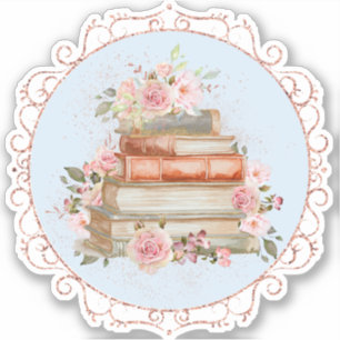 Adesivo Aquarela Rosas Cor-de-Rosa e Livros Floral Vintage