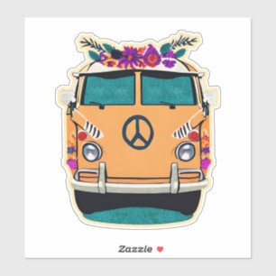 Adesivo Arte Floral Marrom Retro Hippie Van Cores Vintage